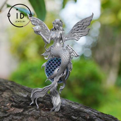Silver Mermaid Pendant with Wings in 925 Sterling Silver with Pearl and Blue Goldstone, Gothic Vintage Style, Gift for Women