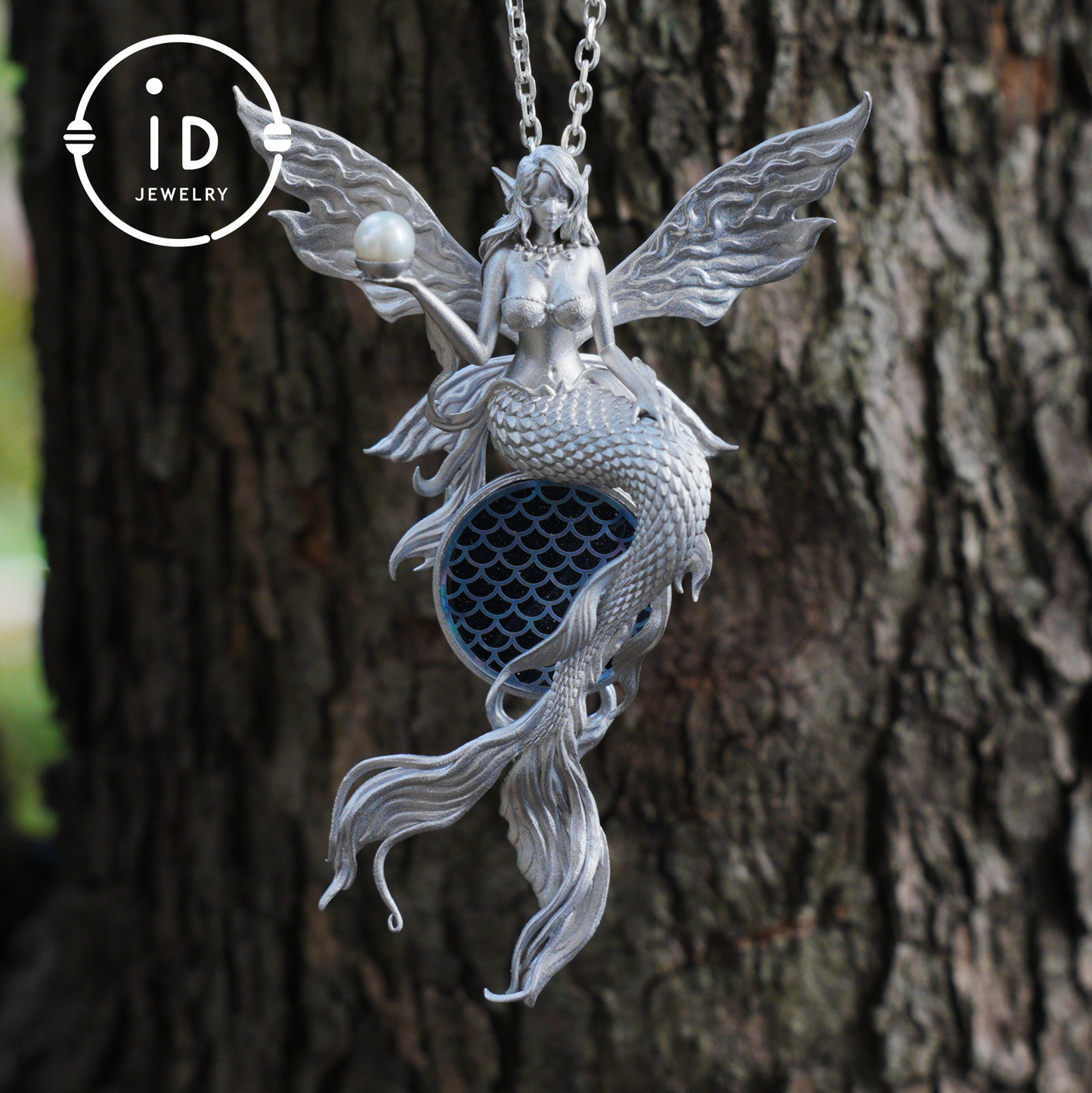 Silver Mermaid Pendant with Wings in 925 Sterling Silver with Pearl and Blue Goldstone, Gothic Vintage Style, Gift for Women