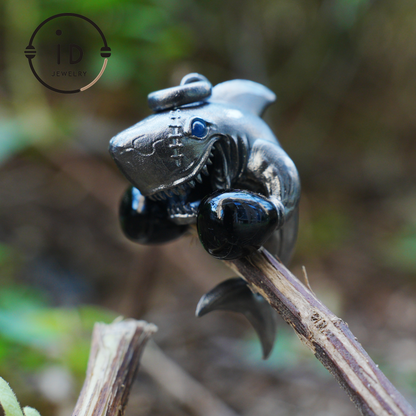 Shark Pendant in Oxidized 925 Sterling Silver with Blue Agate Gem · Ocean Totem Jewelry Gift for Men and Sea Lovers