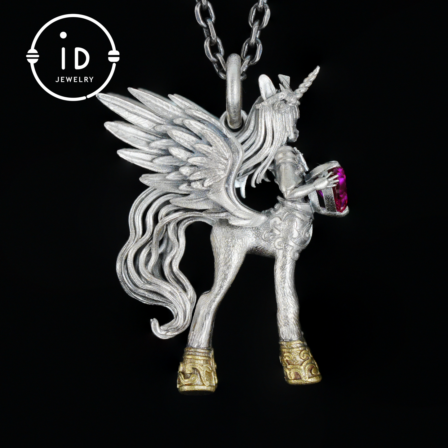 925 Silver Pendant with Unicorn, with Red Synthetic Ruby, Gothic Fantasy Jewelry, Oxidized Silver, Talisman Pendant for Self-Reflection