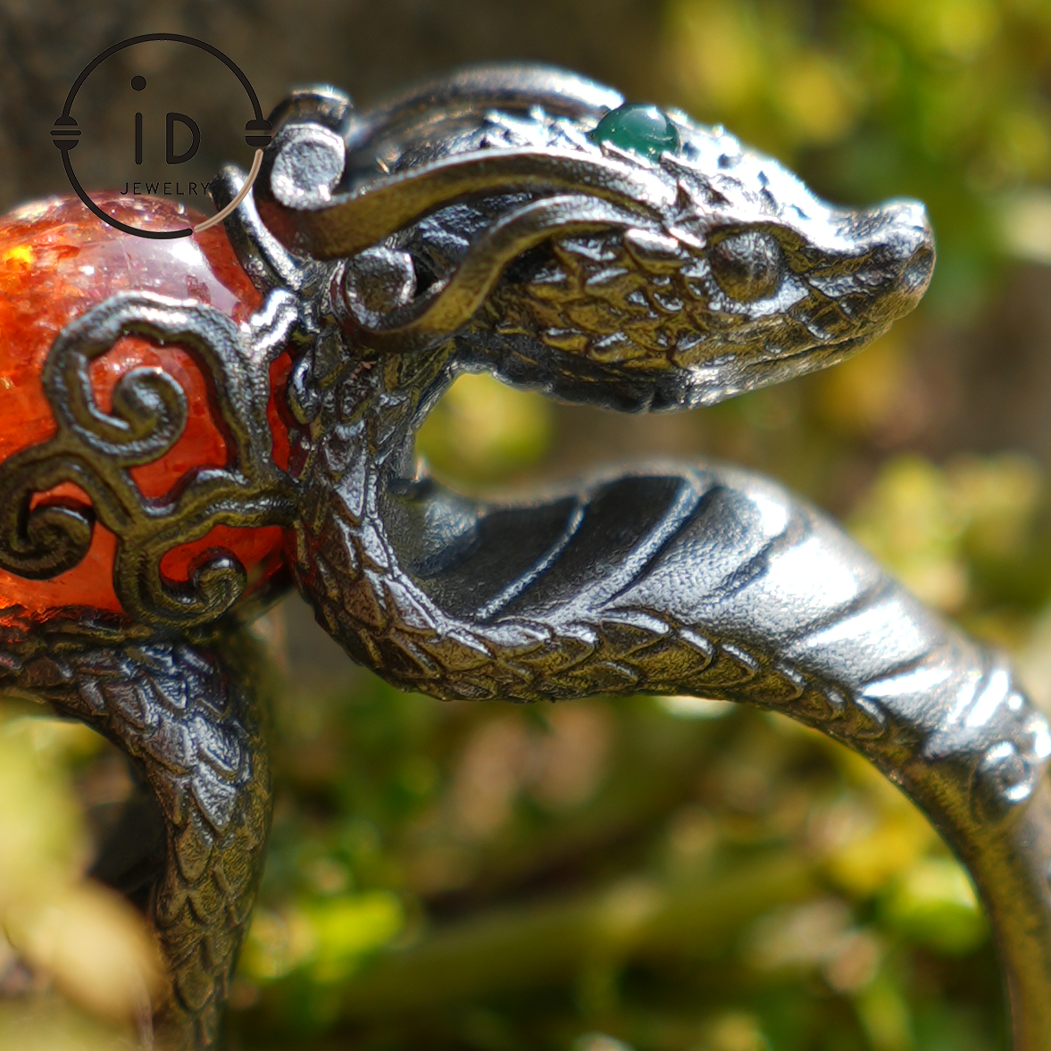 Dragon Ring with Sunstone & Emerald | Handmade 925 Silver Jewelry | Unique Fantasy Ring for Protection & Strength