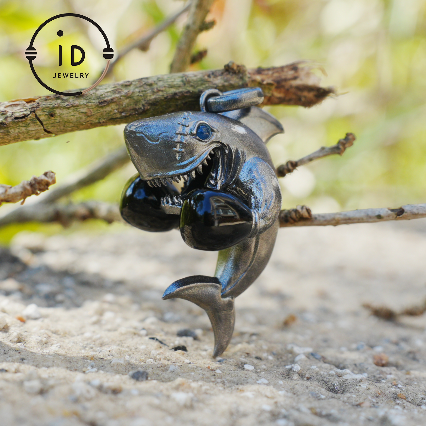 Shark Pendant in Oxidized 925 Sterling Silver with Blue Agate Gem · Ocean Totem Jewelry Gift for Men and Sea Lovers