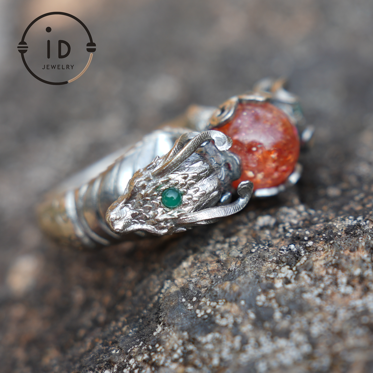 Dragon Ring with Sunstone & Emerald | Handmade 925 Silver Jewelry | Unique Fantasy Ring for Protection & Strength