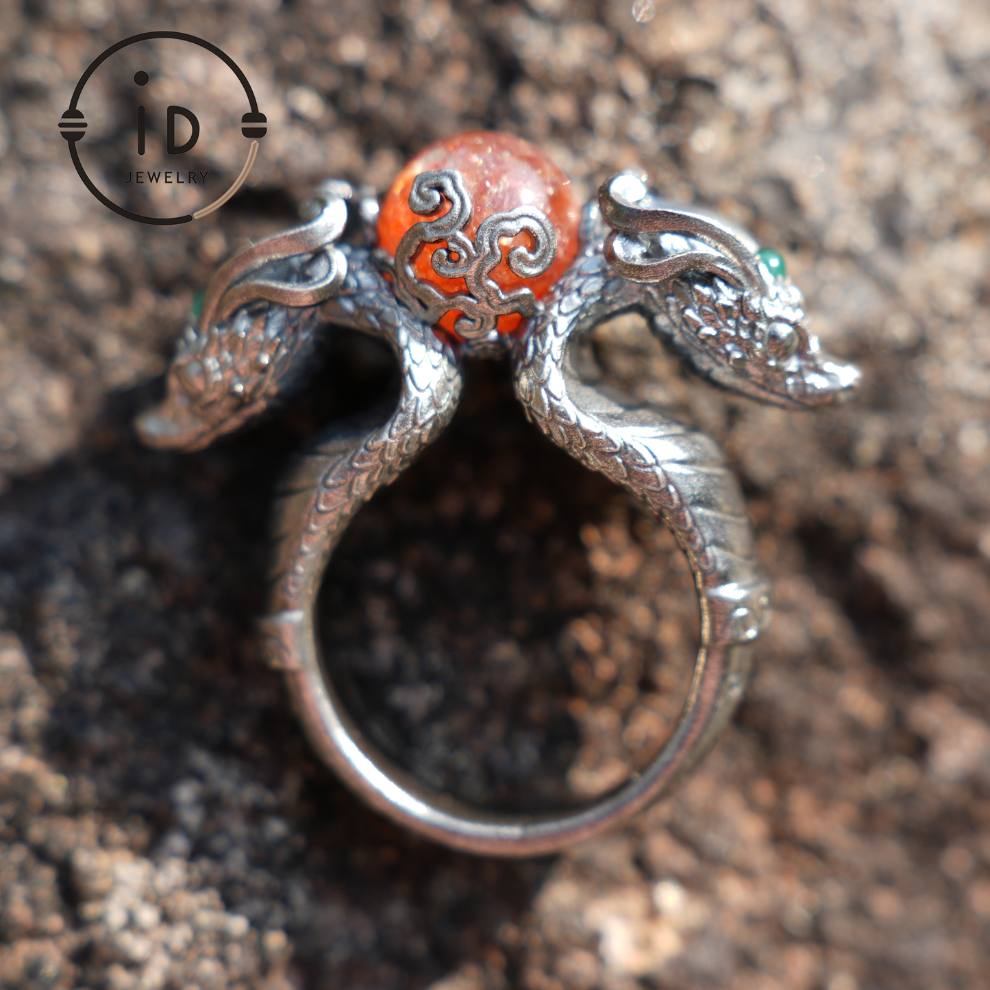 Dragon Ring with Sunstone & Emerald | Handmade 925 Silver Jewelry | Unique Fantasy Ring for Protection & Strength