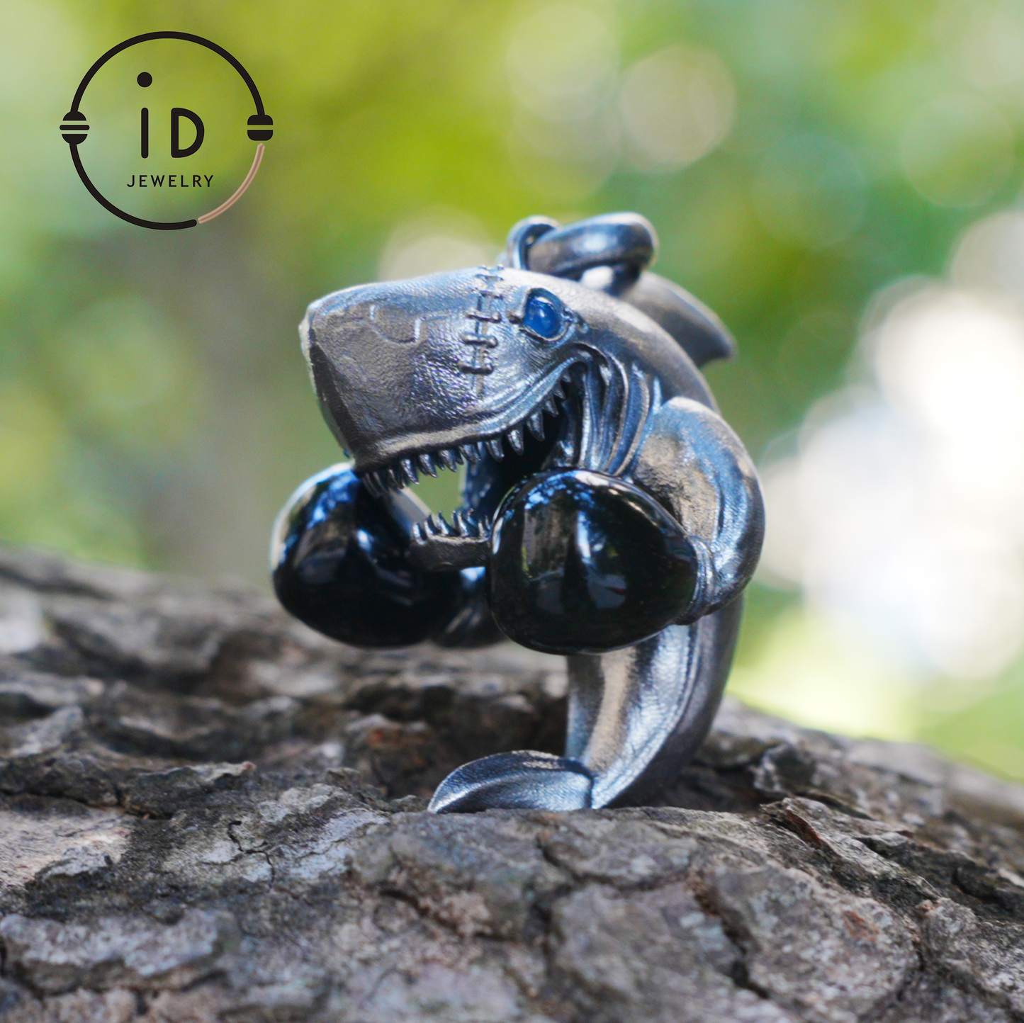 Shark Pendant in Oxidized 925 Sterling Silver with Blue Agate Gem · Ocean Totem Jewelry Gift for Men and Sea Lovers