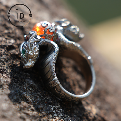 Dragon Ring with Sunstone & Emerald | Handmade 925 Silver Jewelry | Unique Fantasy Ring for Protection & Strength