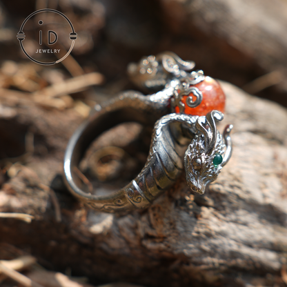 Dragon Ring with Sunstone & Emerald | Handmade 925 Silver Jewelry | Unique Fantasy Ring for Protection & Strength