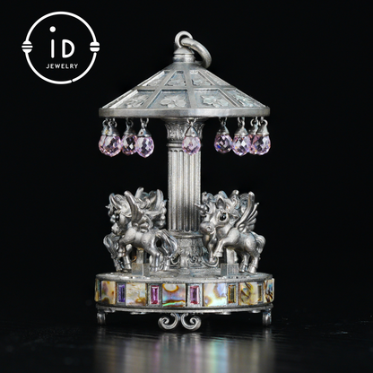 Unique Carousel Figurine in 925 Silver, with Abalone & Pink Crystal, Oxidized, Fairytale Decor, Handmade, Collectible Gift Idea