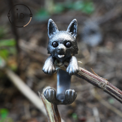 Adjustable dog ring in 925 silver with onyx, oxidized gothic style, animal totem jewelry gift for her or dog lovers