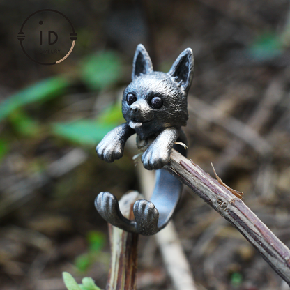 Adjustable dog ring in 925 silver with onyx, oxidized gothic style, animal totem jewelry gift for her or dog lovers