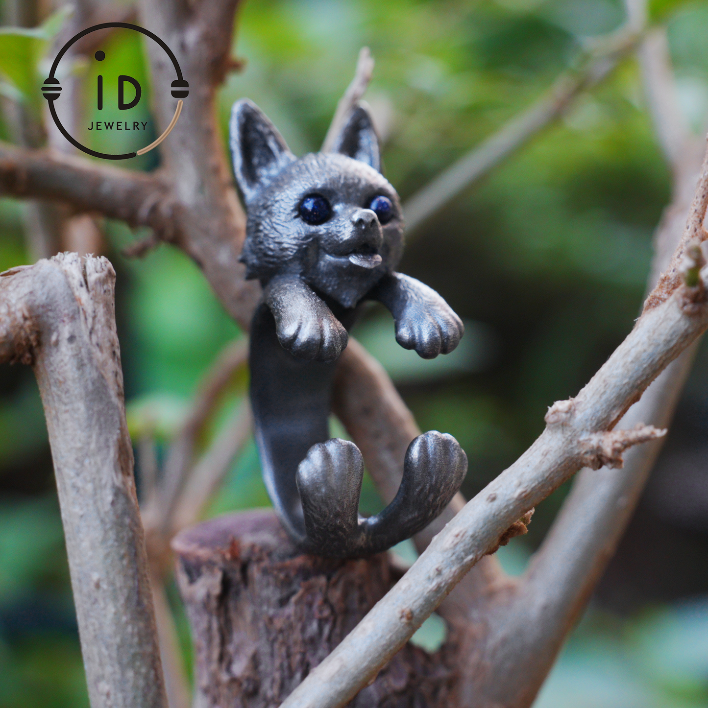 Adjustable dog ring in 925 silver with onyx, oxidized gothic style, animal totem jewelry gift for her or dog lovers