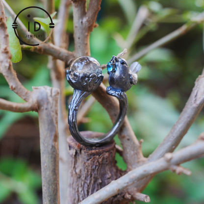 Adjustable 925 Silver Bird Ring with Crystal Sphere and Green Bead in Fairy Nature Style, Meaningful Gift for Nature Lovers