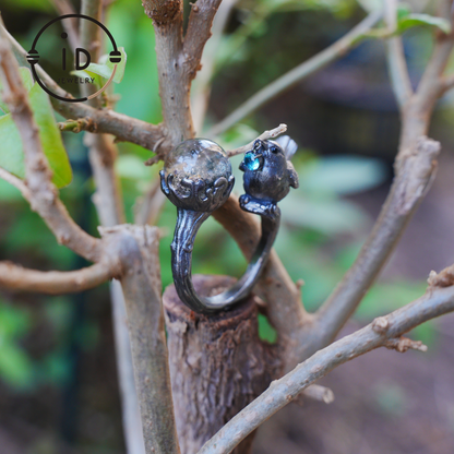 Adjustable 925 Silver Bird Ring with Crystal Sphere and Green Bead in Fairy Nature Style, Meaningful Gift for Nature Lovers