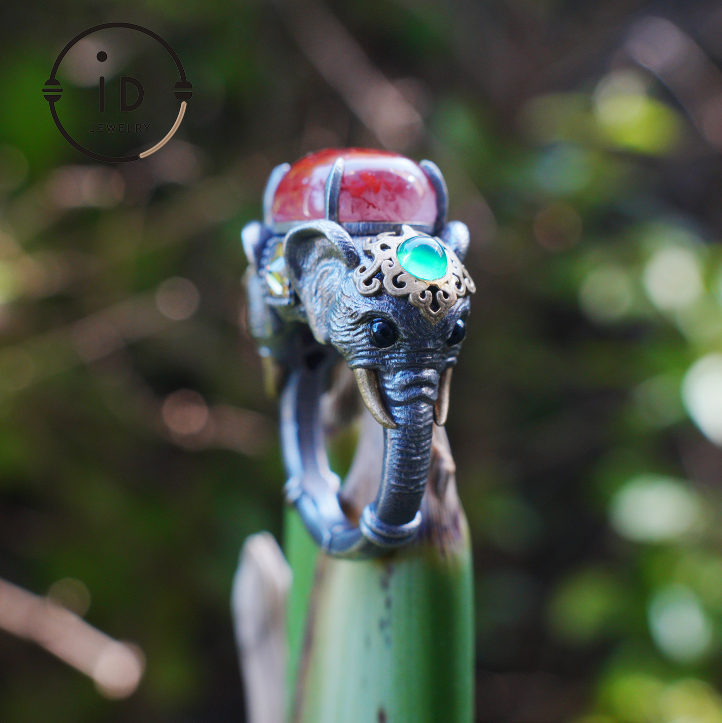 Adjustable Elephant Ring in 925 Sterling Silver with Red Agate and Green Stones, Totem Style Animal Symbol Jewelry, Spiritual Gift for Her