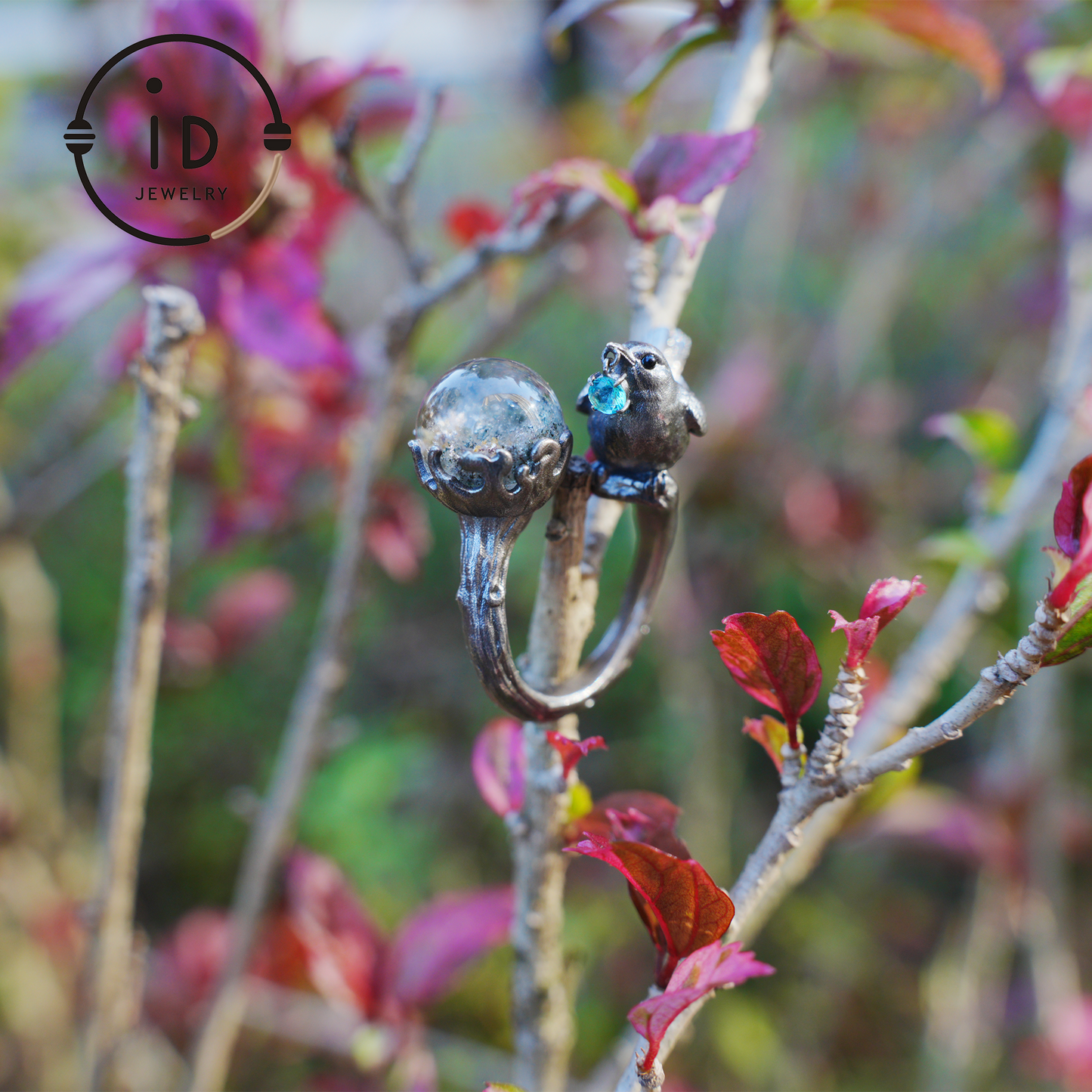 Adjustable 925 Silver Bird Ring with Crystal Sphere and Green Bead in Fairy Nature Style, Meaningful Gift for Nature Lovers