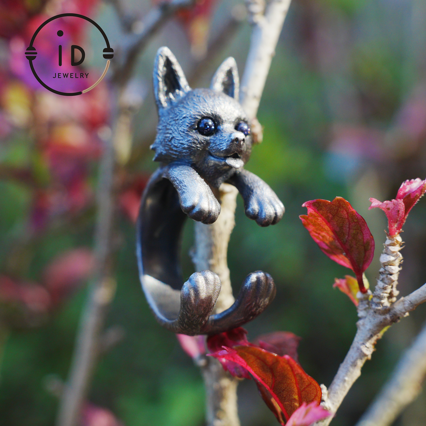 Adjustable dog ring in 925 silver with onyx, oxidized gothic style, animal totem jewelry gift for her or dog lovers