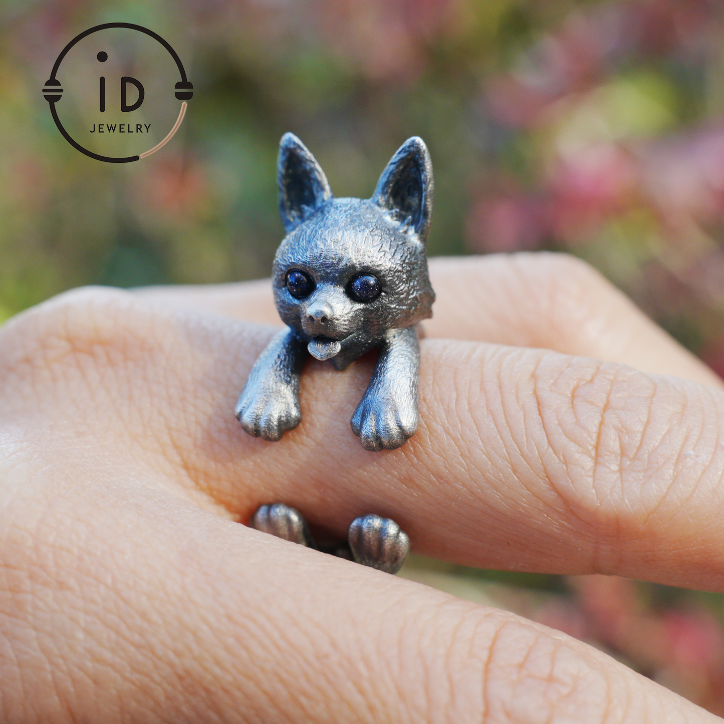 Adjustable dog ring in 925 silver with onyx, oxidized gothic style, animal totem jewelry gift for her or dog lovers