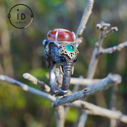 Adjustable Elephant Ring in 925 Sterling Silver with Red Agate and Green Stones, Totem Style Animal Symbol Jewelry, Spiritual Gift for Her