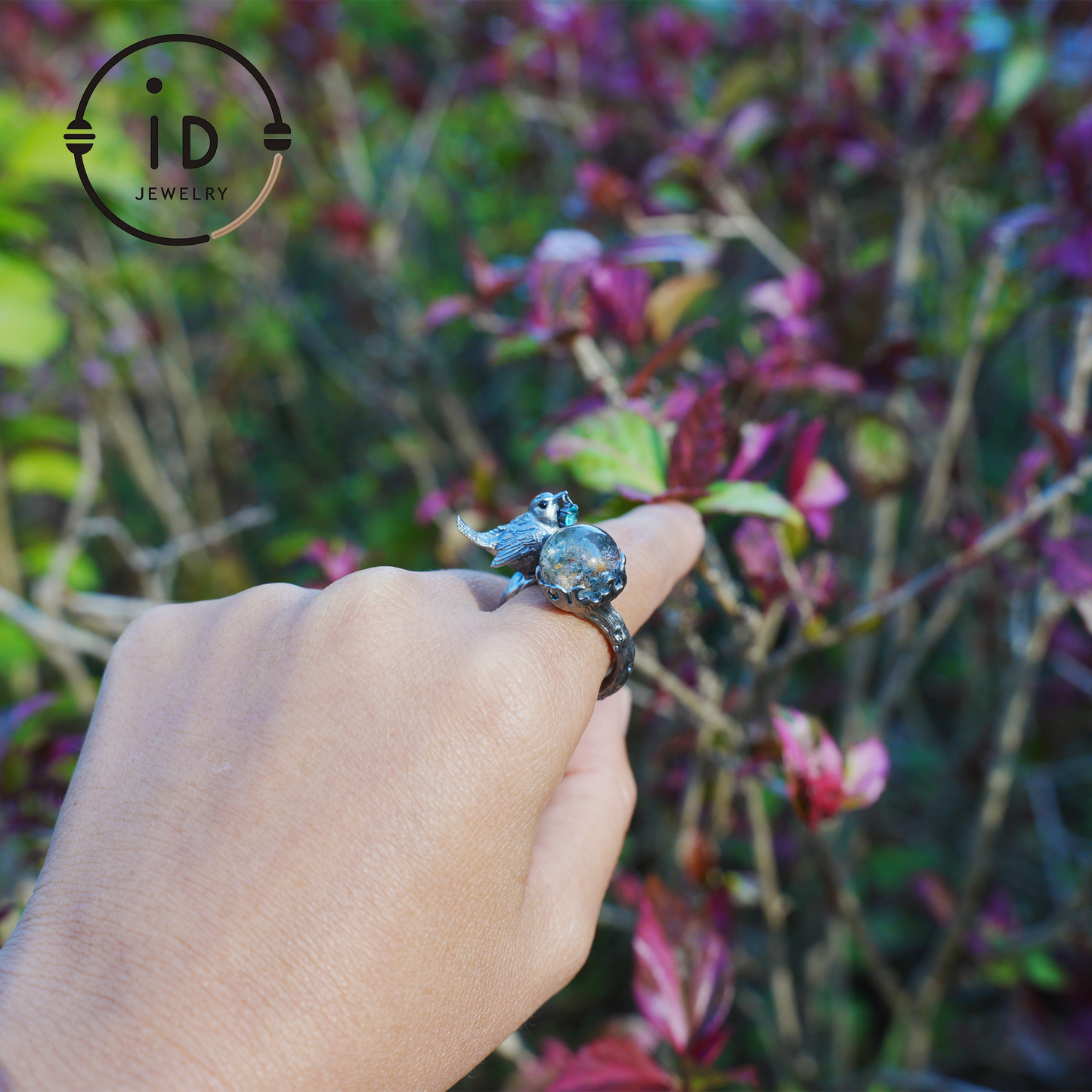 Adjustable 925 Silver Bird Ring with Crystal Sphere and Green Bead in Fairy Nature Style, Meaningful Gift for Nature Lovers