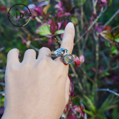 Adjustable 925 Silver Bird Ring with Crystal Sphere and Green Bead in Fairy Nature Style, Meaningful Gift for Nature Lovers