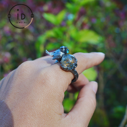 Adjustable 925 Silver Bird Ring with Crystal Sphere and Green Bead in Fairy Nature Style, Meaningful Gift for Nature Lovers