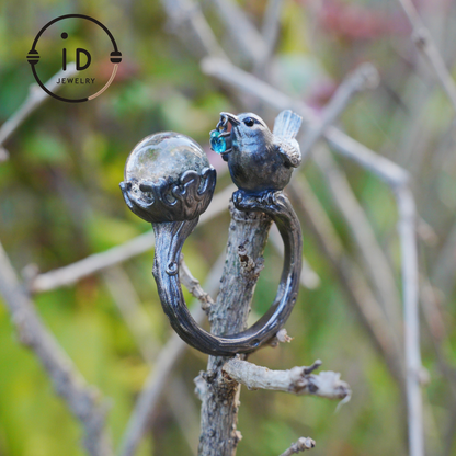 Adjustable 925 Silver Bird Ring with Crystal Sphere and Green Bead in Fairy Nature Style, Meaningful Gift for Nature Lovers