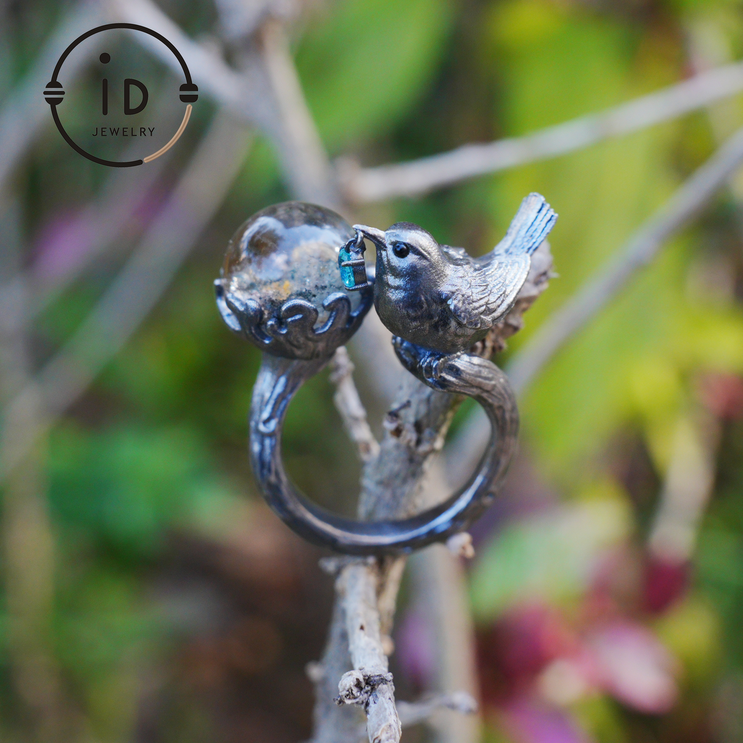 Adjustable 925 Silver Bird Ring with Crystal Sphere and Green Bead in Fairy Nature Style, Meaningful Gift for Nature Lovers