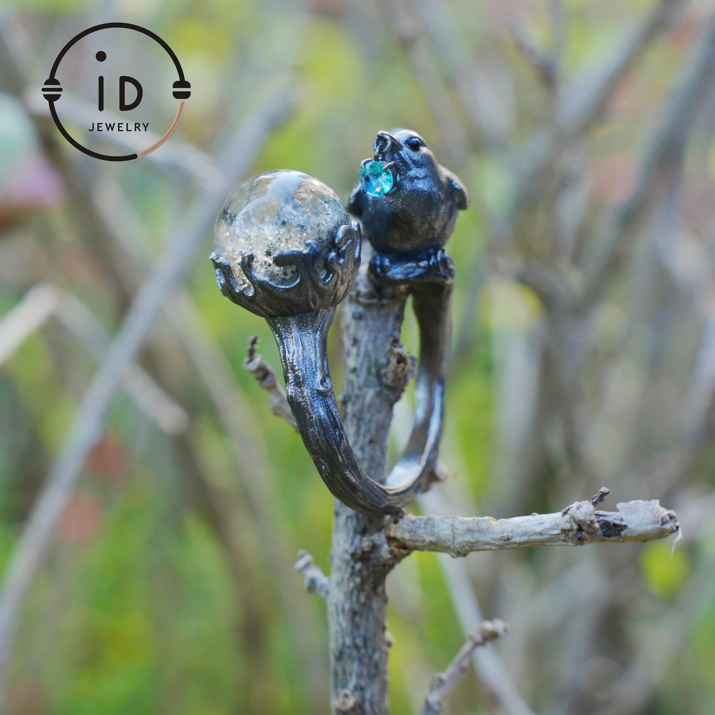 Adjustable 925 Silver Bird Ring with Crystal Sphere and Green Bead in Fairy Nature Style, Meaningful Gift for Nature Lovers