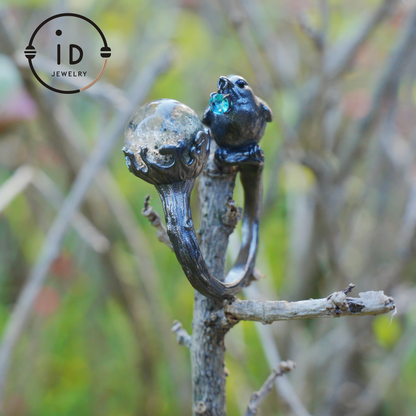 Adjustable 925 Silver Bird Ring with Crystal Sphere and Green Bead in Fairy Nature Style, Meaningful Gift for Nature Lovers