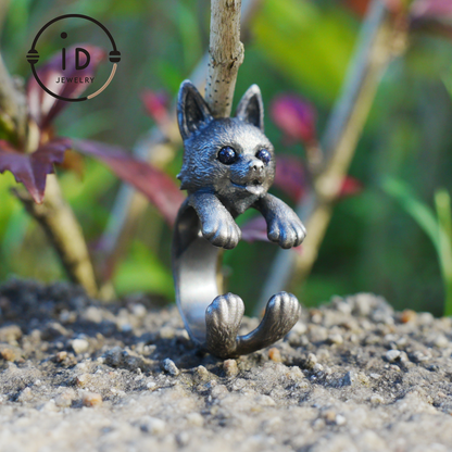 Adjustable dog ring in 925 silver with onyx, oxidized gothic style, animal totem jewelry gift for her or dog lovers