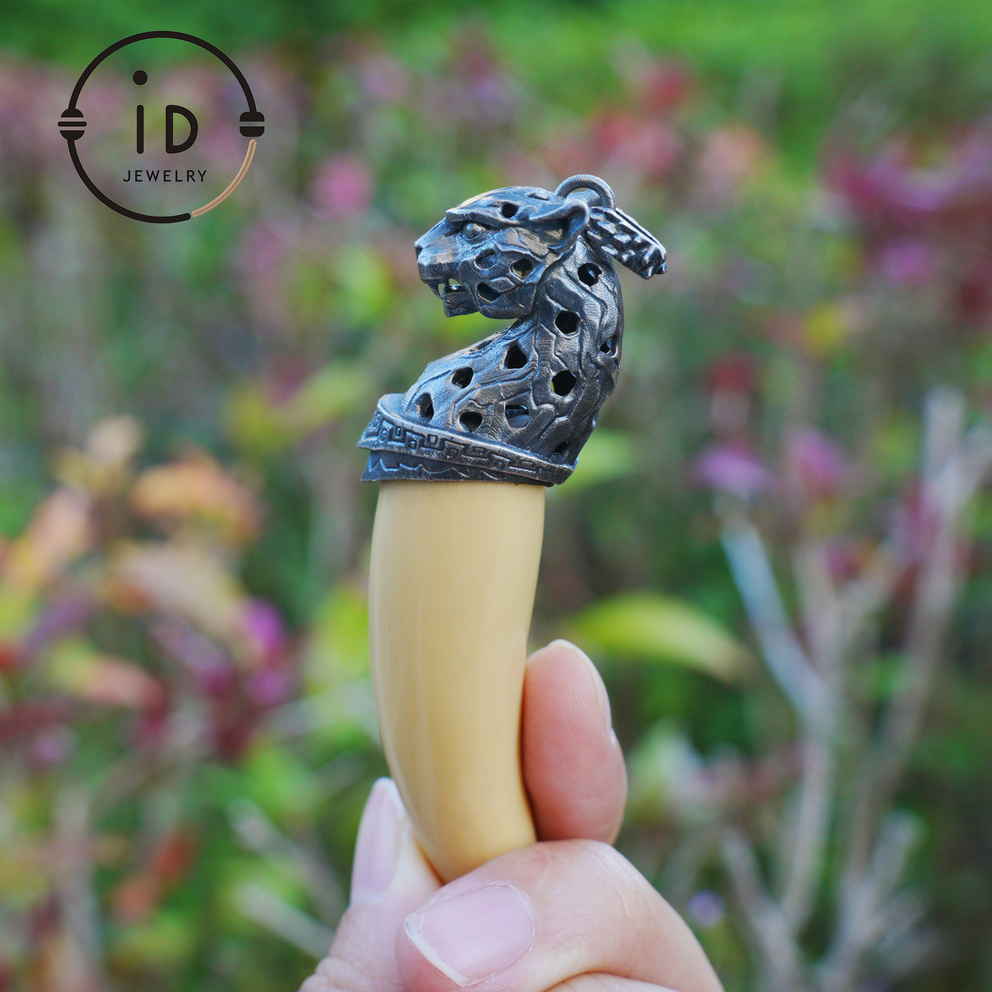 Pendant with tiger tooth design made of gold jade and 925 silver, handmade gothic talisman for men, Christmas gift idea