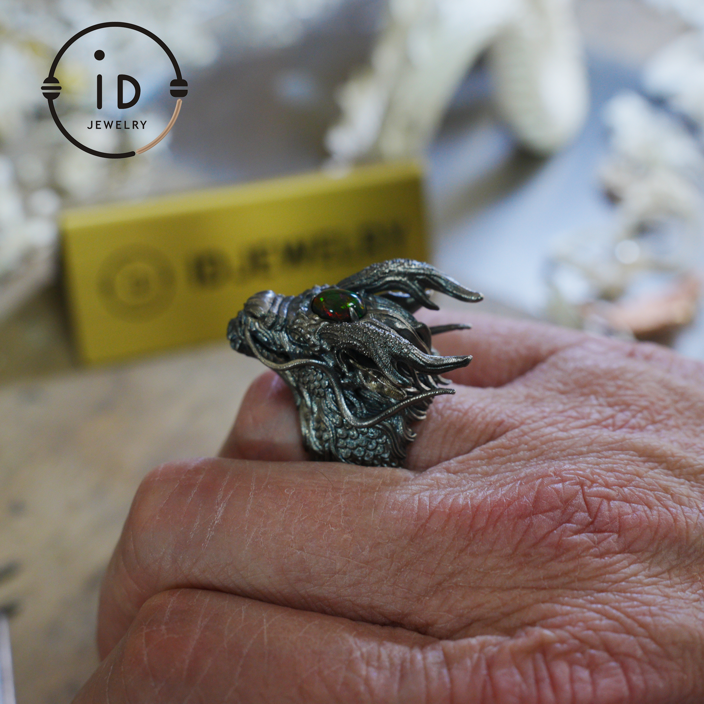 Handcrafted Dragon Ring with Green Opal, Adjustable 925 Silver, Oxidized, Gothic Totem Jewelry, Mystical Style, Gift for Him
