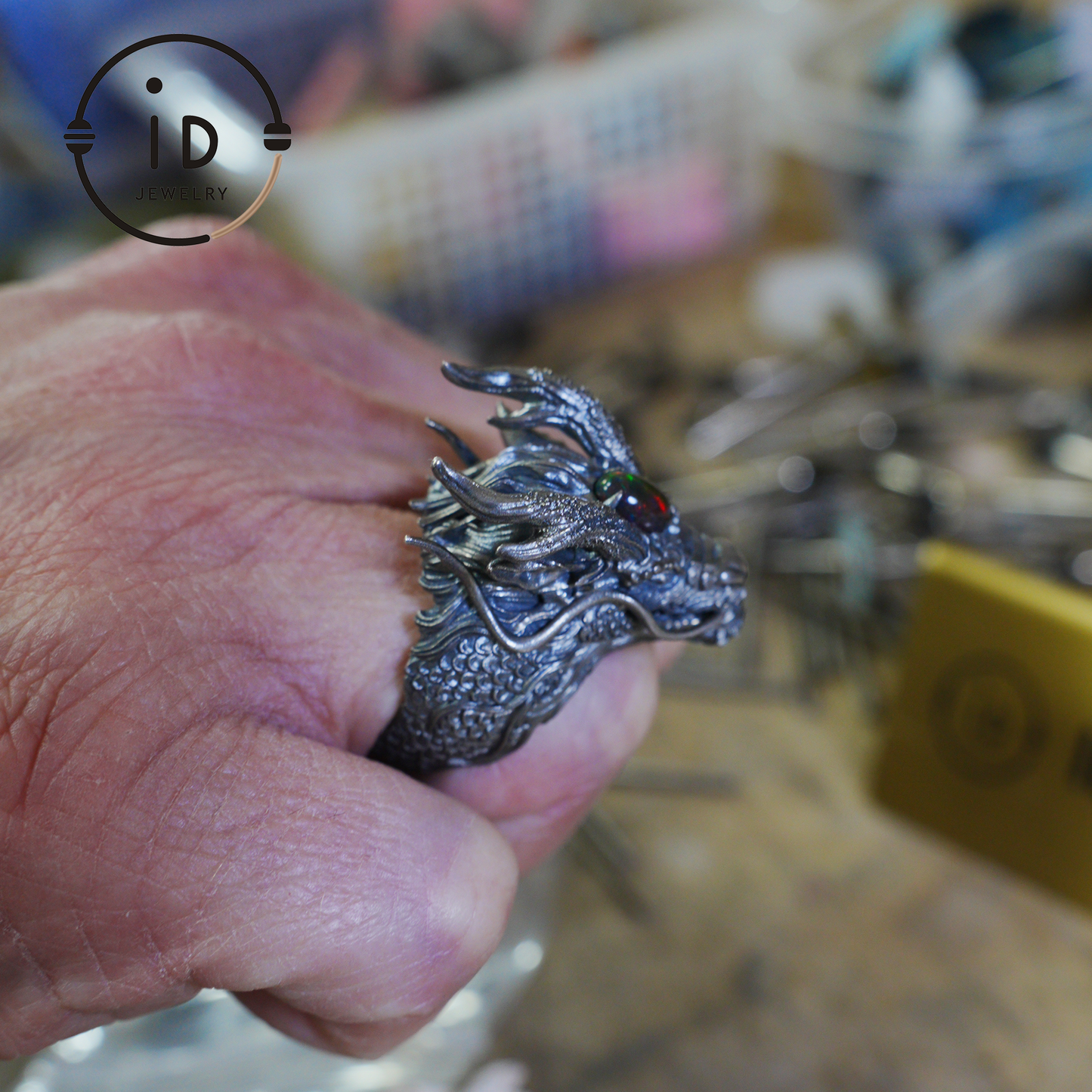 Handcrafted Dragon Ring with Green Opal, Adjustable 925 Silver, Oxidized, Gothic Totem Jewelry, Mystical Style, Gift for Him