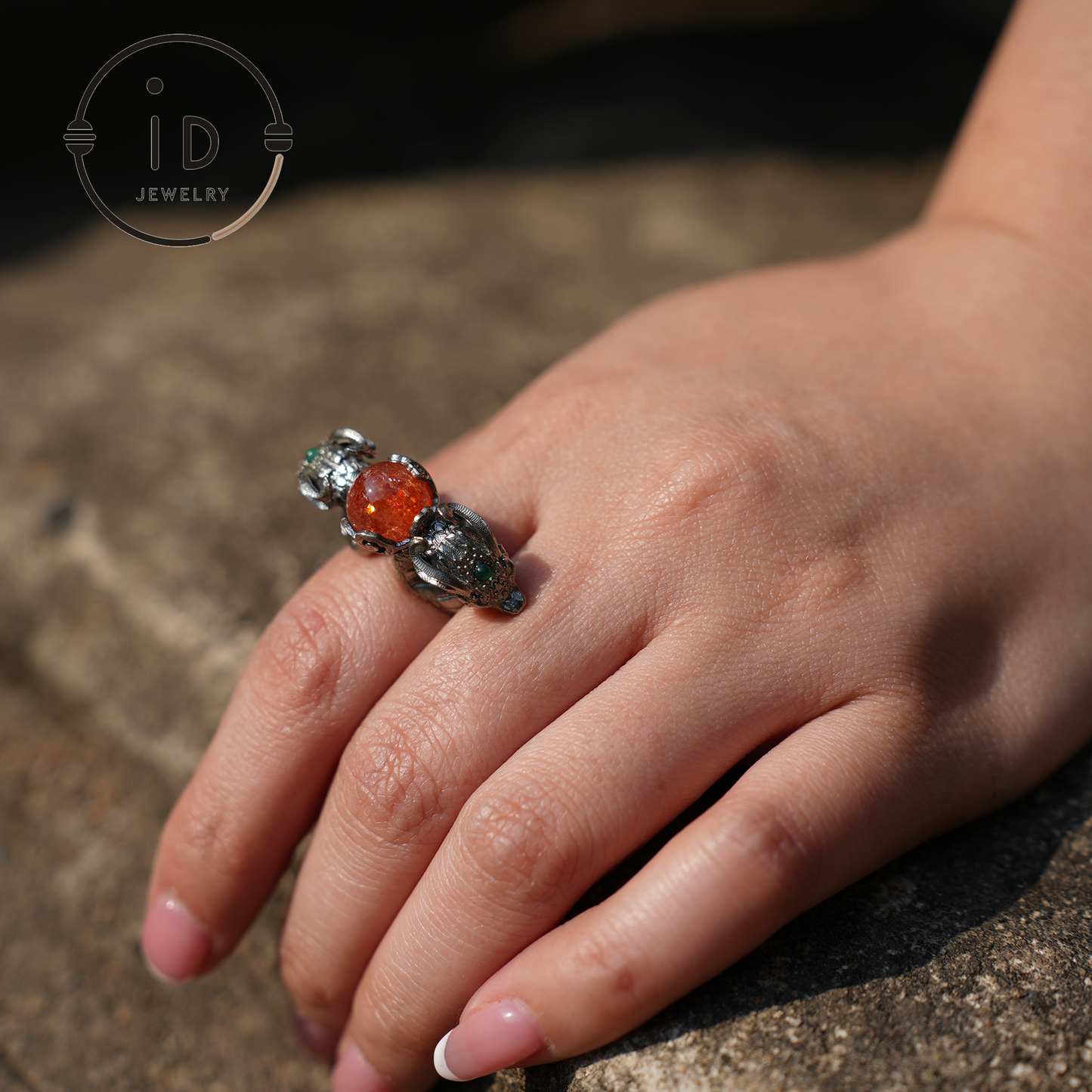 Dragon Ring with Sunstone & Emerald | Handmade 925 Silver Jewelry | Unique Fantasy Ring for Protection & Strength