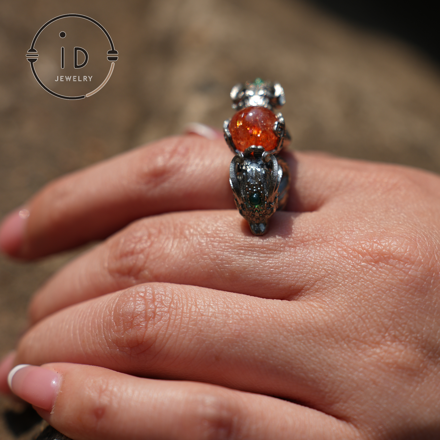 Dragon Ring with Sunstone & Emerald | Handmade 925 Silver Jewelry | Unique Fantasy Ring for Protection & Strength