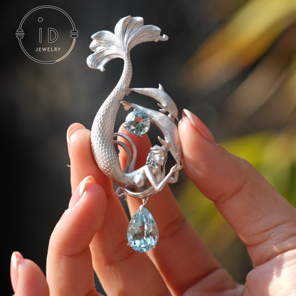 Dreamy Ocean Mermaid Pendant in 925 Silver with Aquamarine – Unique Jewelry for Ocean Lovers and Collectors