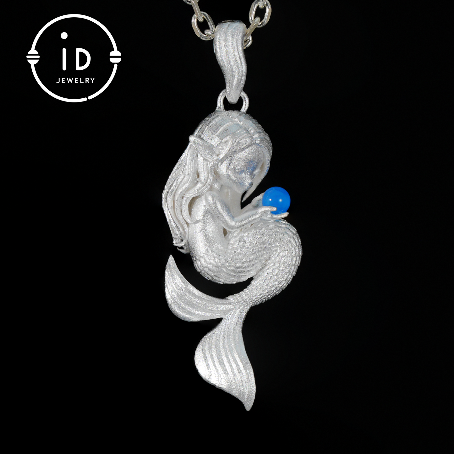 Silver Mermaid Pendant with Blue Chalcedony in 925 Silver, Fairy Fantasy Necklace for Women, Handmade Jewelry Gift for Birthday or Christmas
