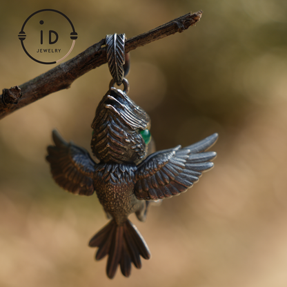 Shoebill Bird Pendant | 925 Silver, Black Agate & Tourmaline | Handmade Nature Jewelry