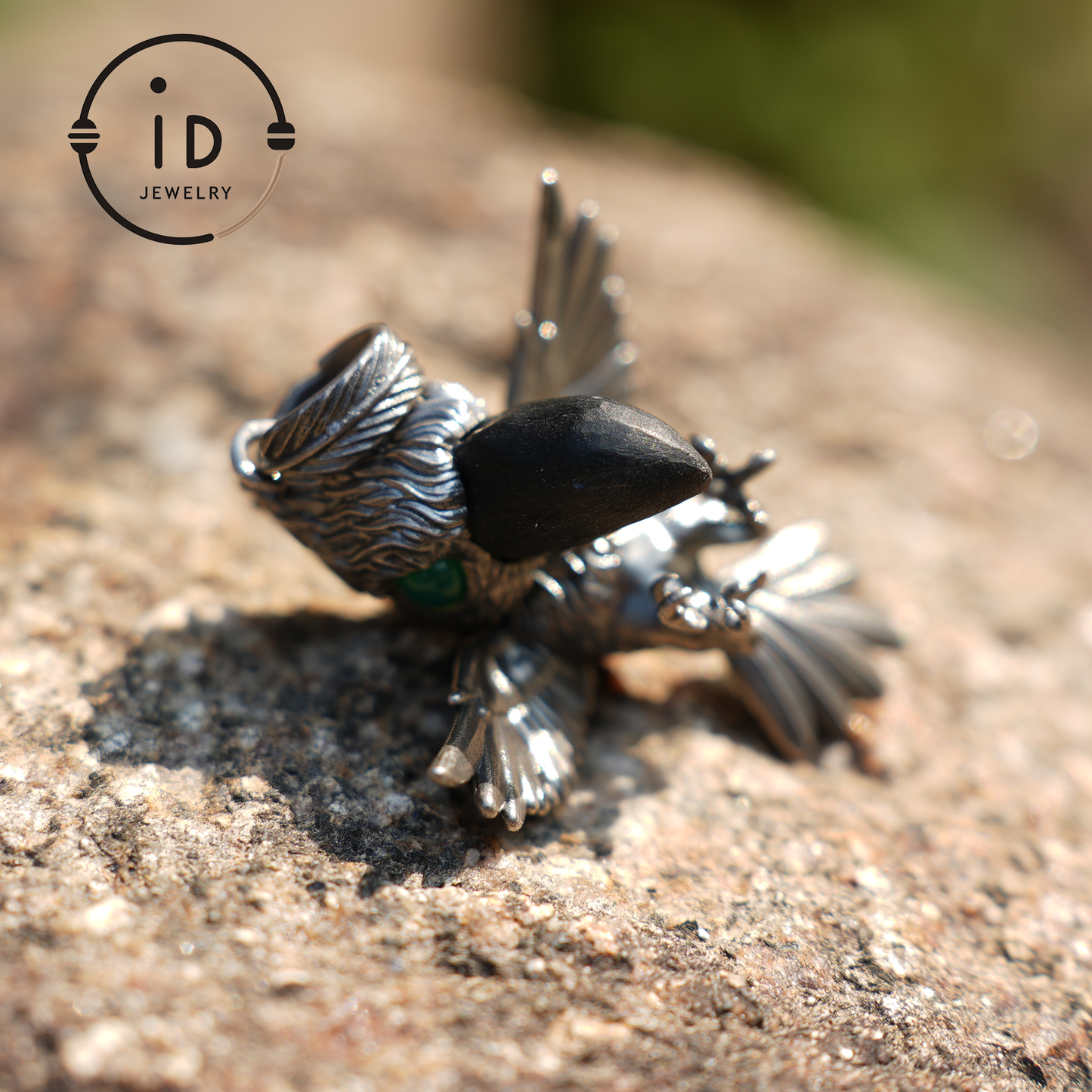 Shoebill Bird Pendant | 925 Silver, Black Agate & Tourmaline | Handmade Nature Jewelry