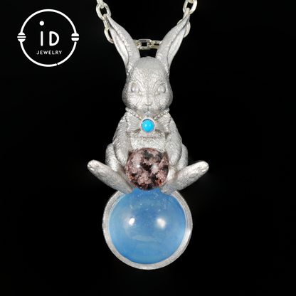 Moon Rabbit Pendant with Red Agate & Ghost Stone | Spring Totem Talisman Jewelry | Fantasy Handmade Forest Bunny Necklace