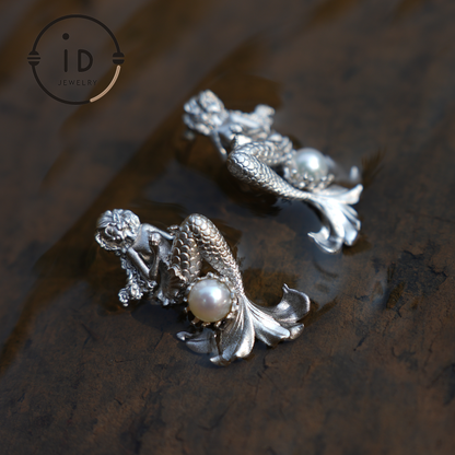 925 Silver Mermaid Pearl Earrings Handmade Ocean Fantasy Jewelry Birthday and Christmas Gift for Her