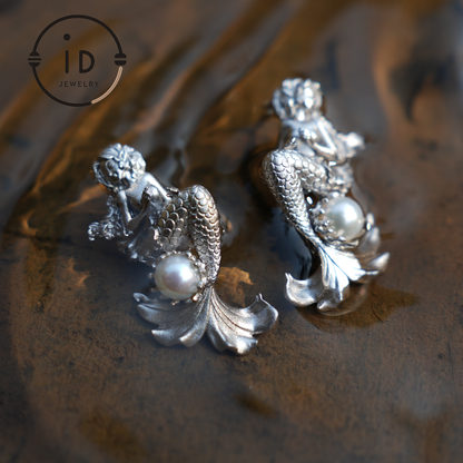 925 Silver Mermaid Pearl Earrings Handmade Ocean Fantasy Jewelry Birthday and Christmas Gift for Her