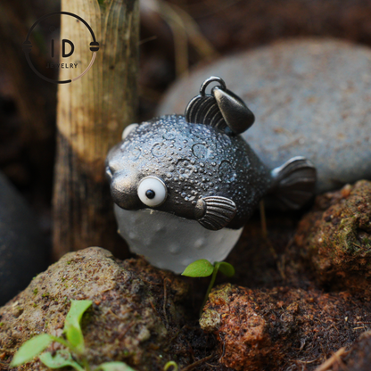 Pufferfish Pendant in White Crystal and 925 Silver, Oxidized, Animal Figurine Jewelry in Fairytale Style, Gift for Her or Decor
