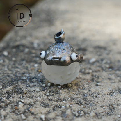Pufferfish Pendant in White Crystal and 925 Silver, Oxidized, Animal Figurine Jewelry in Fairytale Style, Gift for Her or Decor