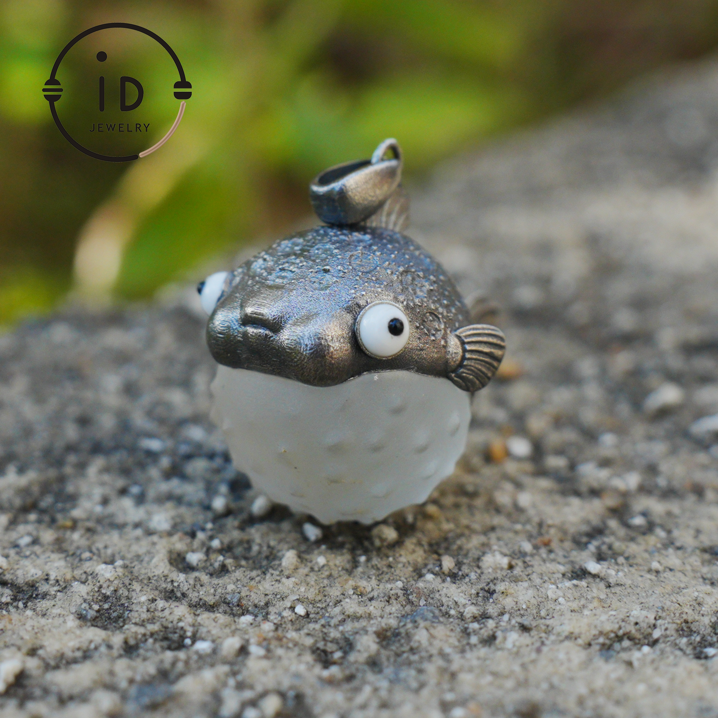 Pufferfish Pendant in White Crystal and 925 Silver, Oxidized, Animal Figurine Jewelry in Fairytale Style, Gift for Her or Decor