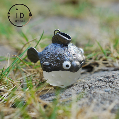 Pufferfish Pendant in White Crystal and 925 Silver, Oxidized, Animal Figurine Jewelry in Fairytale Style, Gift for Her or Decor