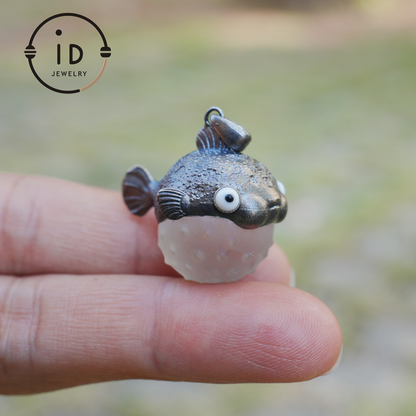 Pufferfish Pendant in White Crystal and 925 Silver, Oxidized, Animal Figurine Jewelry in Fairytale Style, Gift for Her or Decor