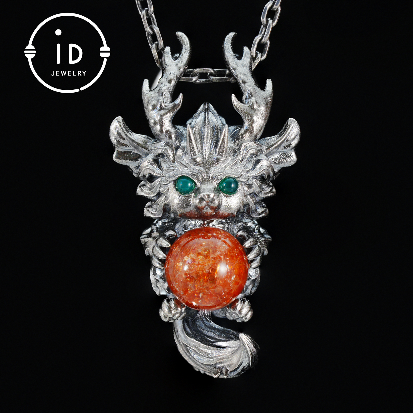 Silver Sunstone Pendant with Oxidized 925 Sterling, Fantasy Totem Necklace for Her, Vintage Gothic Jewelry, Christmas Birthday Gift, Large Gemstone Talisman