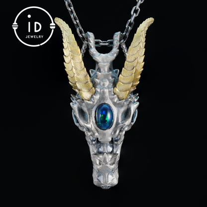Sterling silver pendant with opal eye dragon head and golden horns in gothic totem style gift for him or fantasy lovers