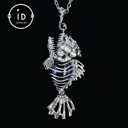 Silver fishbone pendant with amethyst and abalone eye, gothic brooch totem jewelry for him, fantasy cosplay gift accessory